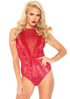 Roter aufreizender Spitzenbodystocking mit tiefem V Ausschnitt von Leg Avenue