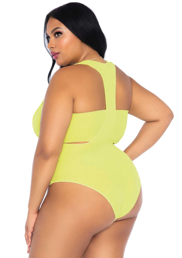 Neongelber aufregender blickdichter Bandeau Bodysuit mit integrierten Strapsen von Leg Avenue – Ansicht 2
