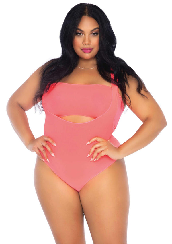 Korallenfarbener eleganter Bandeau Bodysuit mit stilvollen Strapsen von Leg Avenue