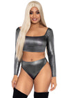 Silbernes funkelndes Lingerie Set mit langärmligem Crop Top und High Waist String von Leg Avenue