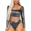 Silbernes funkelndes Lingerie Set mit langärmligem Crop Top und High Waist String | Leg Avenue
