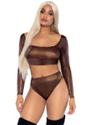 Bronzefarbenes funkelndes zweiteiliges Crop Top Set mit hohem Beinausschnitt von Leg Avenue