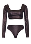 Bronzefarbenes funkelndes zweiteiliges Crop Top Set mit hohem Beinausschnitt von Leg Avenue – Ansicht 4