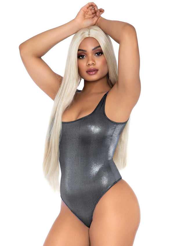 Silberner funkelnder Spandex Body mit quadratischem Ausschnitt und Tanga Schnitt von Leg Avenue – Ansicht 3