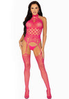 Himbeerroter eleganter Bodystocking aus Spitze mit edlem Neckholder von Leg Avenue – Ansicht 4