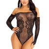 Schwarzer funkelnder schulterfreier Body mit edler Spitze | Leg Avenue