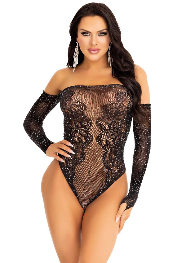 Schwarzer funkelnder schulterfreier Body mit edler Spitze von Leg Avenue