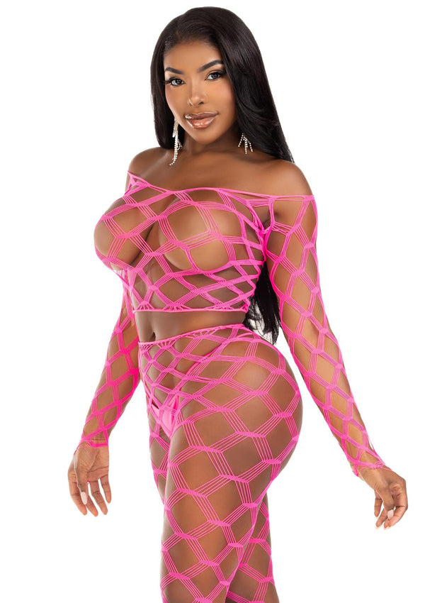 Neonpinkes auffälliges geometrisches Netz Set aus Crop Top und Leggings von Leg Avenue