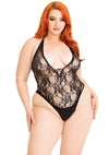 Schwarzer atemberaubender Spitzen Bodysuit mit Schnürung und Neckholder von Leg Avenue – Ansicht 2