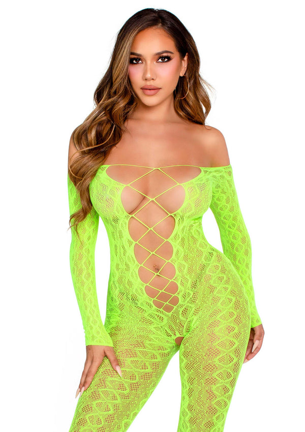Neongrünes verführerisches Bodystocking mit aufregendem Schlangenmuster von Leg Avenue