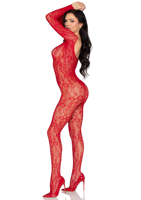 Roter hautenger Bodystocking aus verführerischer floraler Spitze von Leg Avenue – Ansicht 4