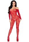 Roter hautenger Bodystocking aus verführerischer floraler Spitze von Leg Avenue