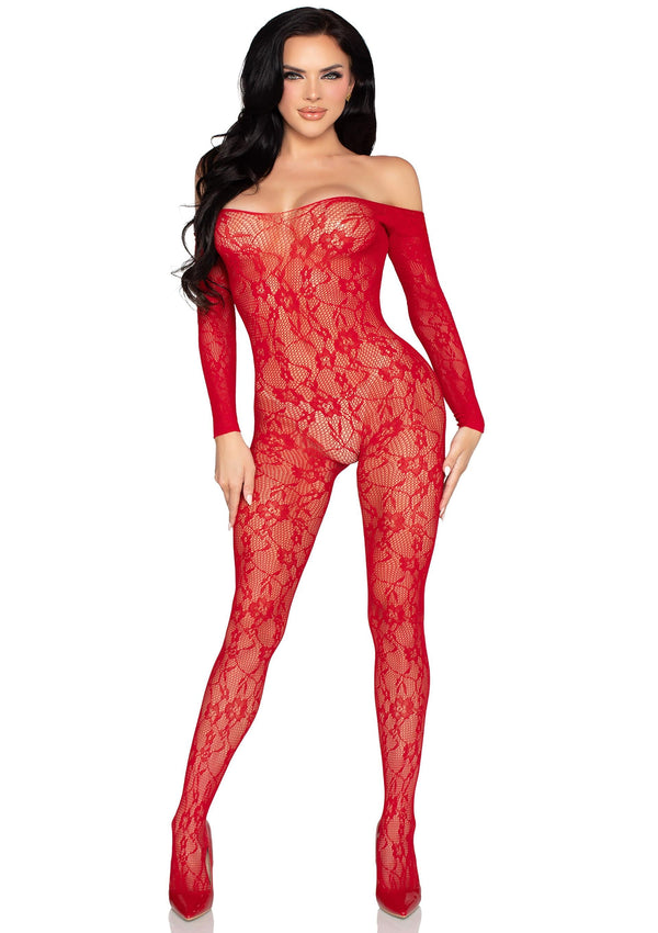 Roter hautenger Bodystocking aus verführerischer floraler Spitze von Leg Avenue