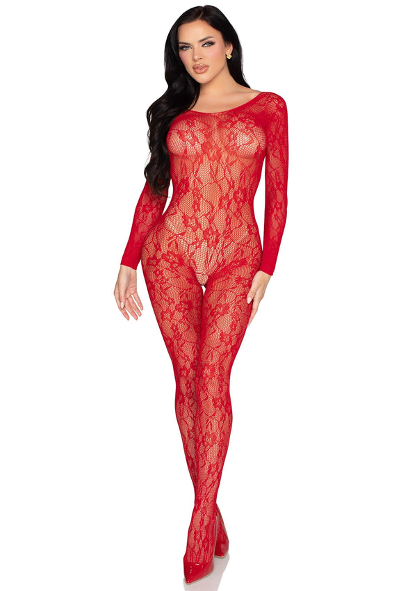 Roter hautenger Bodystocking aus verführerischer floraler Spitze von Leg Avenue – Ansicht 3
