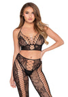 Schwarzes atemberaubendes zweiteiliges Spitzen Set mit halterlosem Netz Design von Leg Avenue