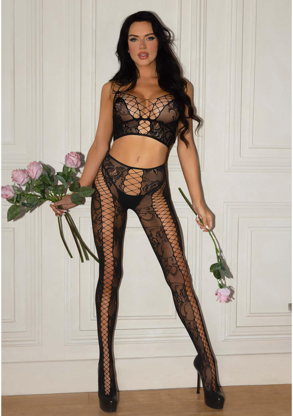 Schwarzes atemberaubendes zweiteiliges Spitzen Set mit halterlosem Netz Design von Leg Avenue – Ansicht 7