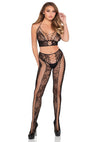 Schwarzes atemberaubendes zweiteiliges Spitzen Set mit halterlosem Netz Design von Leg Avenue – Ansicht 5