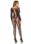 Schwarzer aufregender Bodystocking mit Netzbahnen und floraler Spitze von Leg Avenue – Ansicht 4