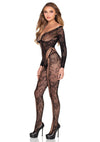 Schwarzer aufregender Bodystocking mit Netzbahnen und floraler Spitze von Leg Avenue – Ansicht 2