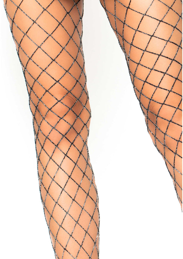 Schwarze aufreizende industrielle Netzstrumpfhose mit silbernem Lurex von Leg Avenue – Ansicht 2