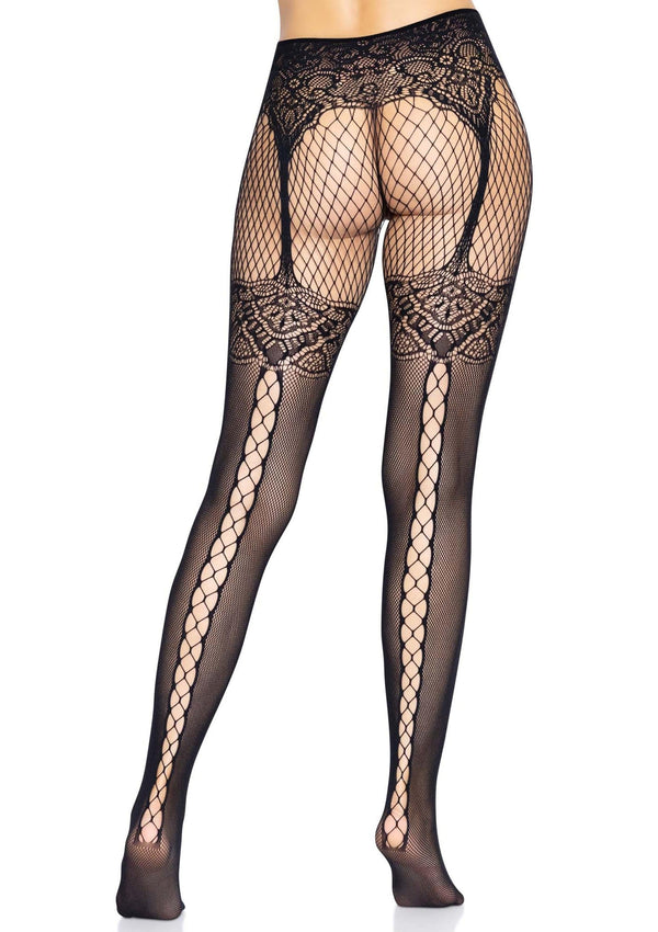 Schwarze erotische Netzstrumpfhose mit aufreizender Naht und Spitzenakzenten von Leg Avenue – Ansicht 3