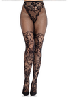Schwarze sündige Spitzenstrumpfhose mit floralem Design und Netzoptik von Leg Avenue