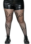 Schwarze verführerische Netzstrumpfhose mit feurigem Flammen Design von Leg Avenue