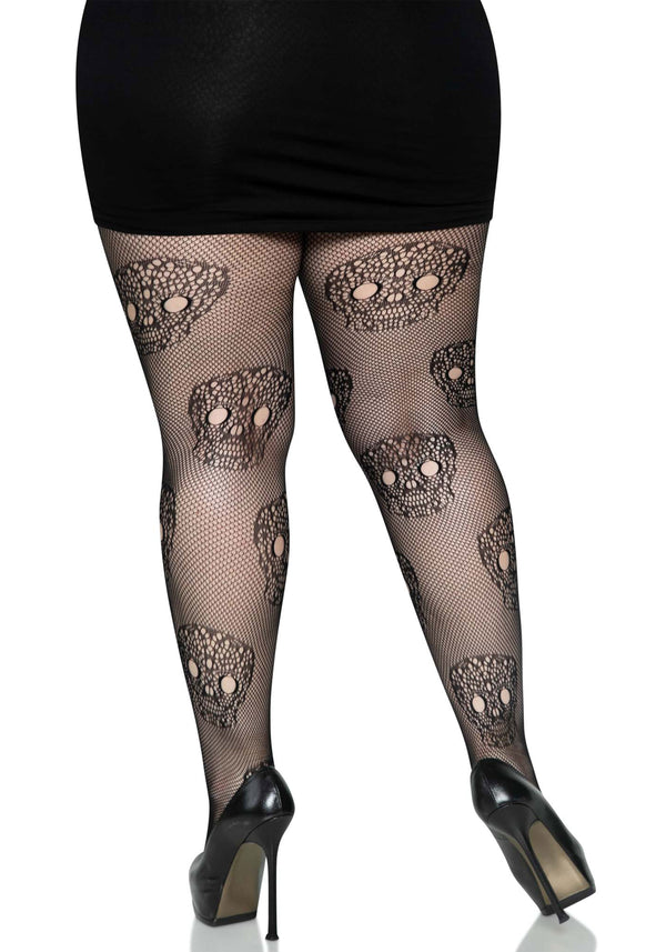 Fischnetzstrumpfhose mit Totenköpfen - Queen Size | Leg Avenue