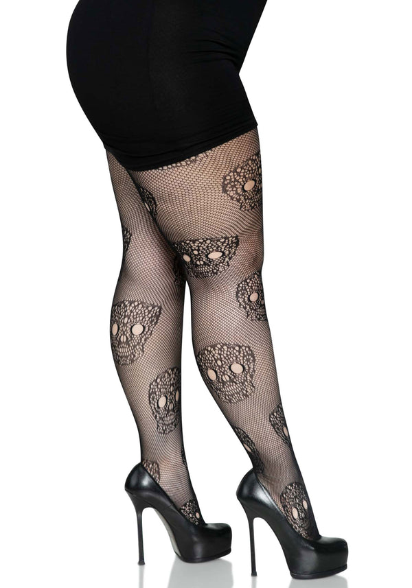 Fischnetzstrumpfhose mit Totenköpfen - Queen Size | Leg Avenue