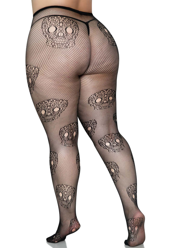 Fischnetzstrumpfhose mit Totenköpfen - Queen Size | Leg Avenue