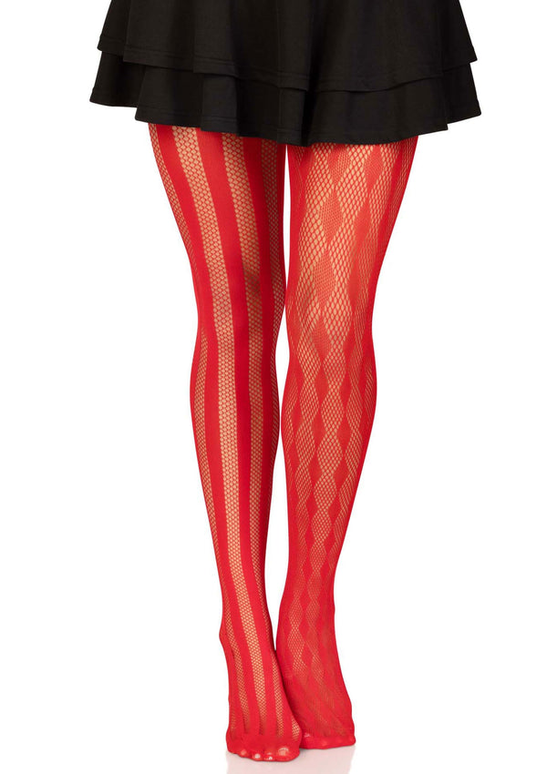 Rote extravagante Netzstrumpfhose mit verspieltem Harlekin Muster von Leg Avenue – Ansicht 4
