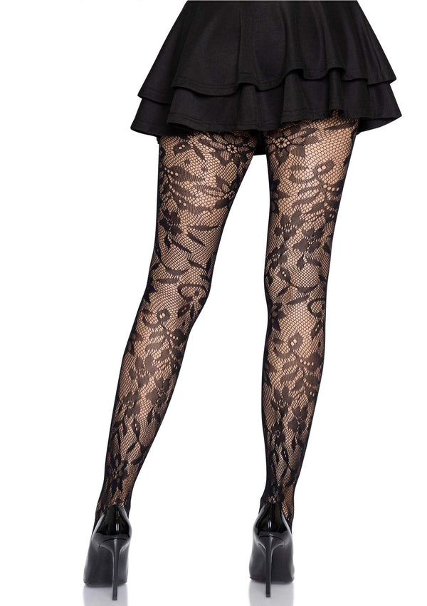 Schwarze sexy Nahtlosstrumpfhose mit floraler Spitze von Leg Avenue – Ansicht 3