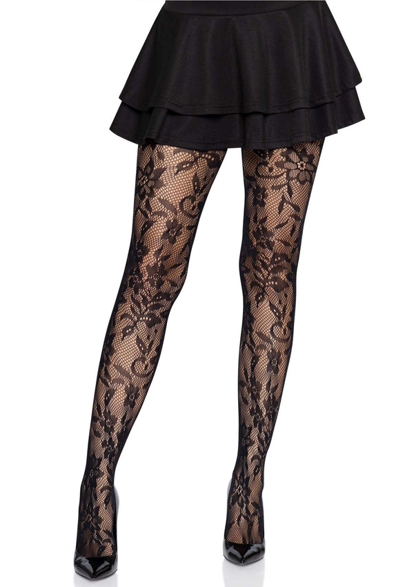 Schwarze sexy Nahtlosstrumpfhose mit floraler Spitze von Leg Avenue – Ansicht 6