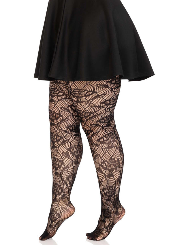 Schwarze erotische Netzstrumpfhose mit aufreizendem Rosendesign von Leg Avenue – Ansicht 2