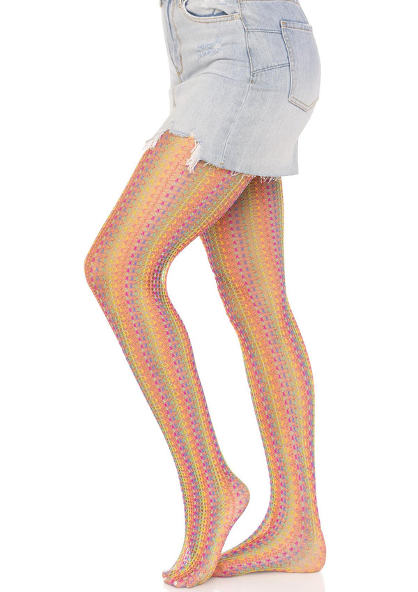 Mehrfarbige hauchzarte Häkelnetzstrumpfhose im atemberaubenden Regenbogenlook von Leg Avenue – Ansicht 2
