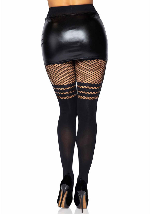 Schwarze sündige blickdichte Strumpfhose mit aufregenden gestreiften Oberschenkel Netzdetails von Leg Avenue – Ansicht 4
