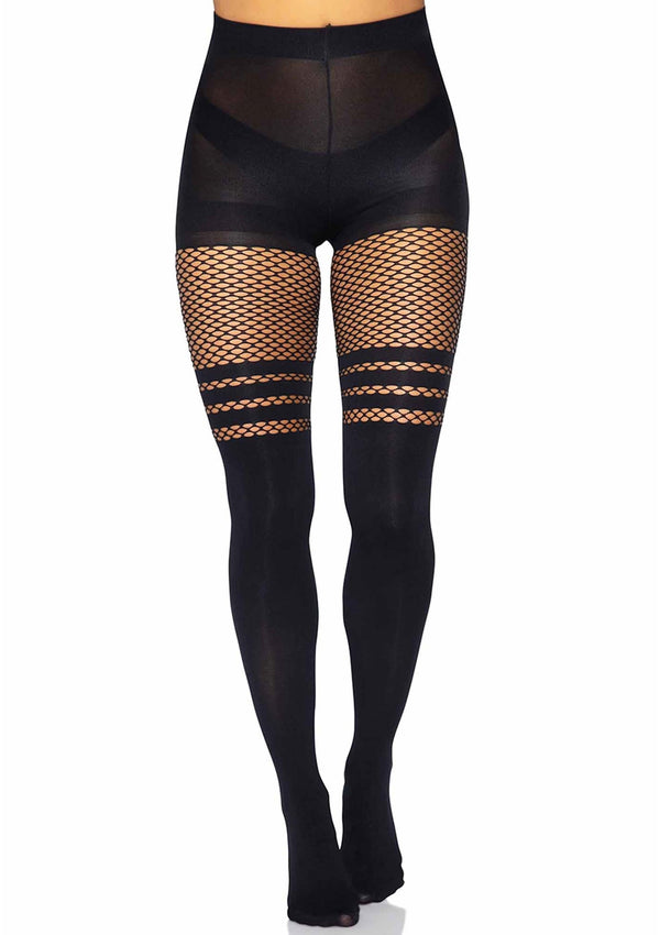 Schwarze sündige blickdichte Strumpfhose mit aufregenden gestreiften Oberschenkel Netzdetails von Leg Avenue – Ansicht 5