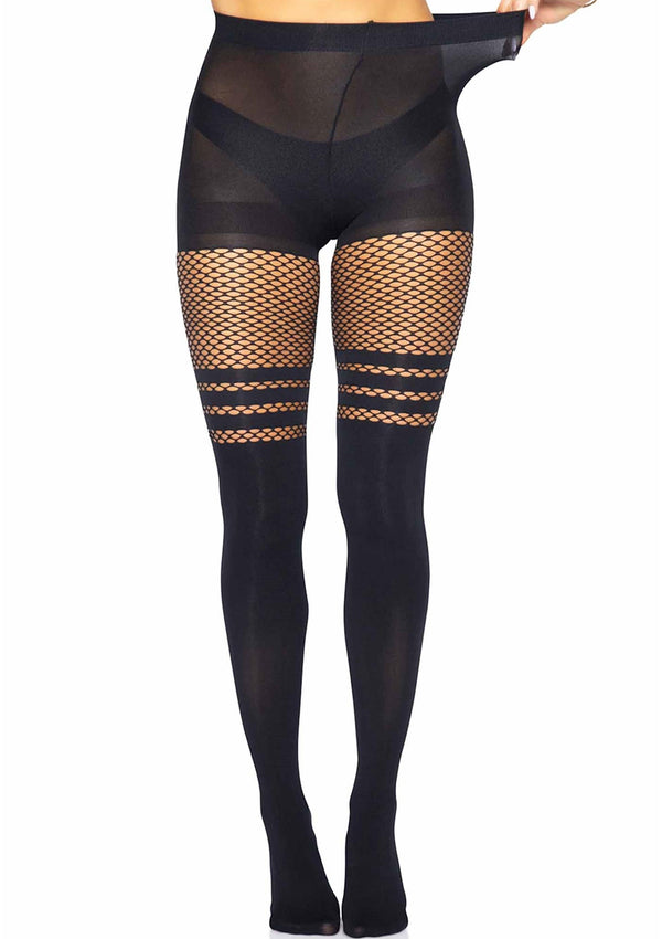 Schwarze sündige blickdichte Strumpfhose mit aufregenden gestreiften Oberschenkel Netzdetails von Leg Avenue – Ansicht 6