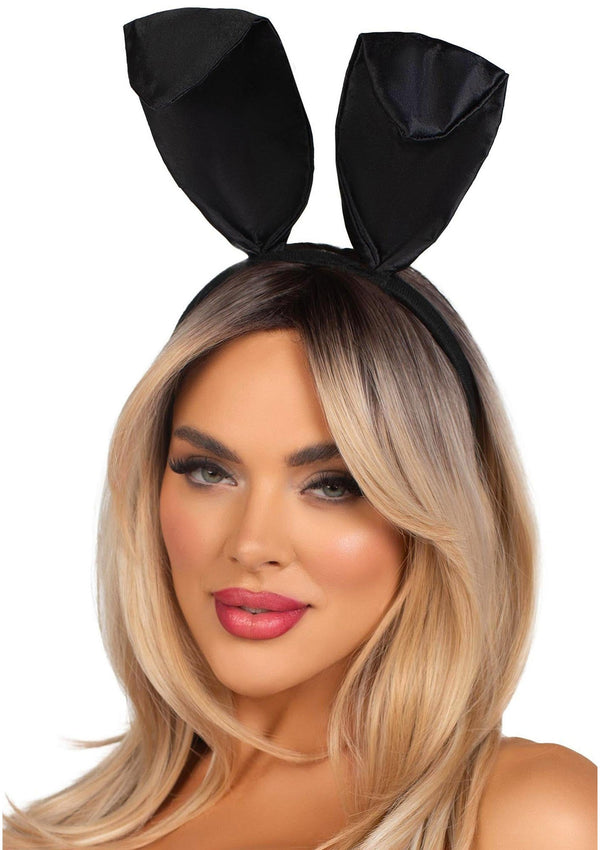 Schwarzes verspieltes Hasen Kostümzubehör mit biegsamen Satin Ohren von Leg Avenue – Ansicht 2
