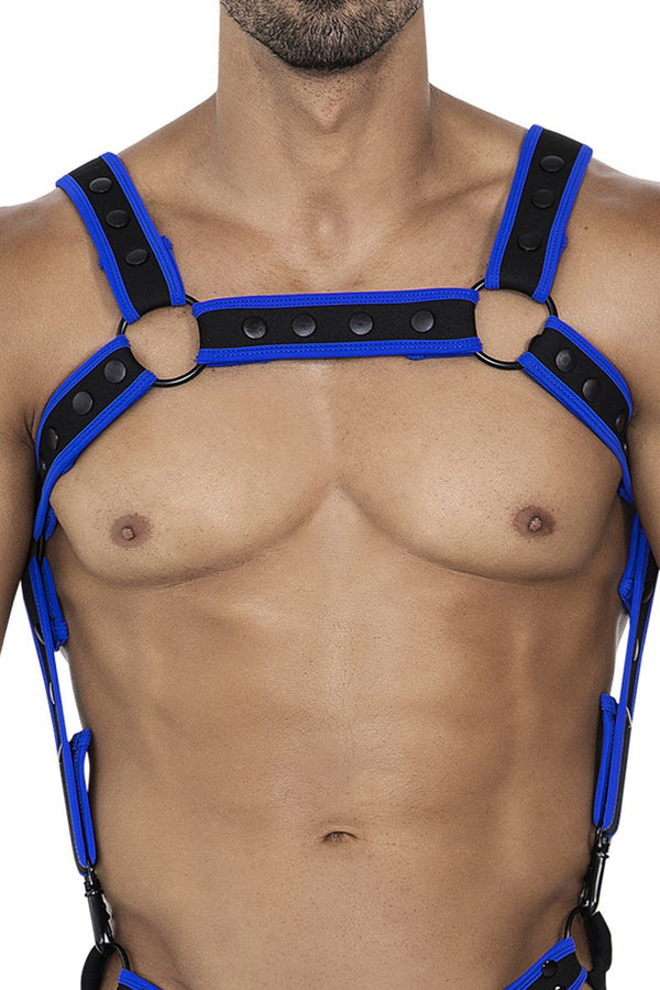 Herren Harness Neopren Riemen Karabiner Metallringe Schwarz/Königsblau | CUT4MEN