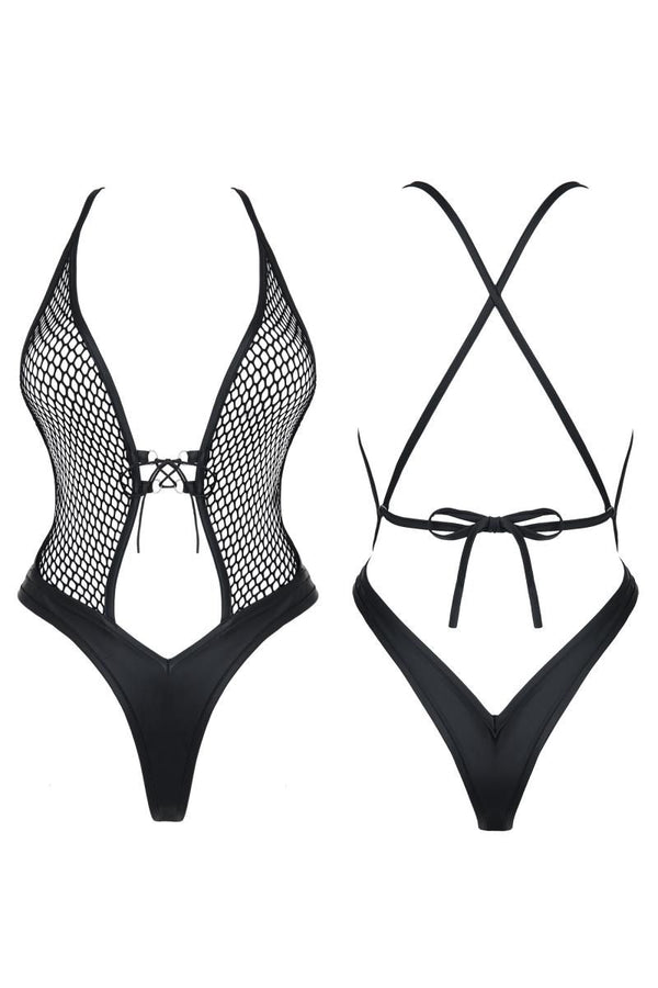 Verführerischer Wetlook Body DDTetyda001 mit Schnürung in Schwarz | Demoniq