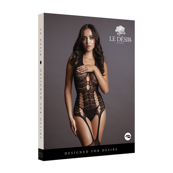Schwarzer verführerischer Bodystocking mit Miederoptik und Strumpfhaltern von Le Désir by Shots – Ansicht 2