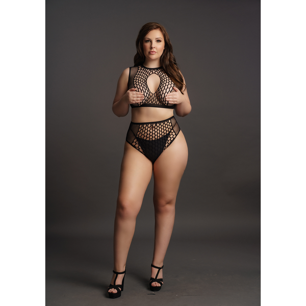 Schwarzes verführerisches Netzset mit bauchfreiem Top und Taillenslip von Le Désir by Shots – Ansicht 5