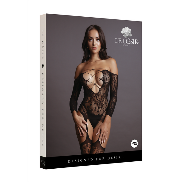 Schwarzer aufreizender Bodystocking mit tiefem V Ausschnitt und Strumpfhaltern von Le Désir by Shots – Ansicht 2