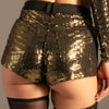 Glamour Glow Mini-Shorts Gold von KYNX: goldfarbener Mini-Shorts mit Gesäßtaschen, Rückansicht