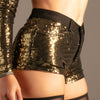 Glamour Glow Mini-Shorts Gold von KYNX: goldfarbener Mini-Shorts mit Jeansbund, Seitenansicht