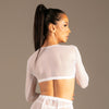 Riviera Mesh Top Weiß von KYNX: weißes langärmeliges Netz-Top am Model, Rückansicht