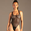 Riviera Mesh Body-String Schwarz von KYNX: transparenter schwarzer Body am Model, Oberkörper