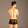 Sheer Mesh Zip-Trunks Schwarz von KYNX: Mesh Trunks mit breitem Bund, Rückansicht am Model