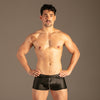 Matte PU Wetlook Zip-Trunks Schwarz von KYNX: schwarzer Wetlook Boxer für Herren mit Metall-Zip, Vorderansicht